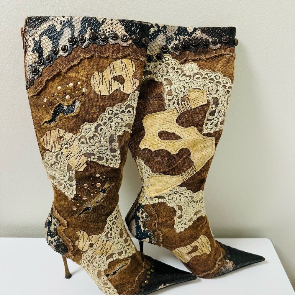 Unique Steve Madden Brown and Cream Patterned Mixed Material Heeled Boots Sz 7 - Picture 4 of 8